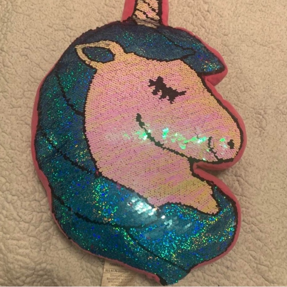 Sequin Unicorn Stuffed Animal Pillow - Blue and Pink
